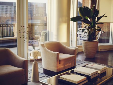 Cozy room with armchairs, plants, and books.