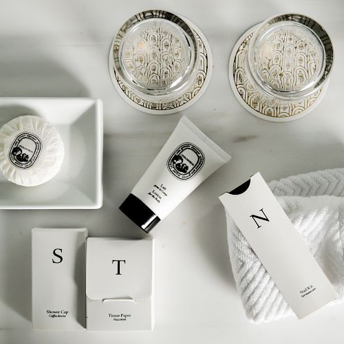 The image shows two bowls, a plate with a bar of soap, a tube of hand cream, and three boxes labeled "S," "T," and "N" on a light background.