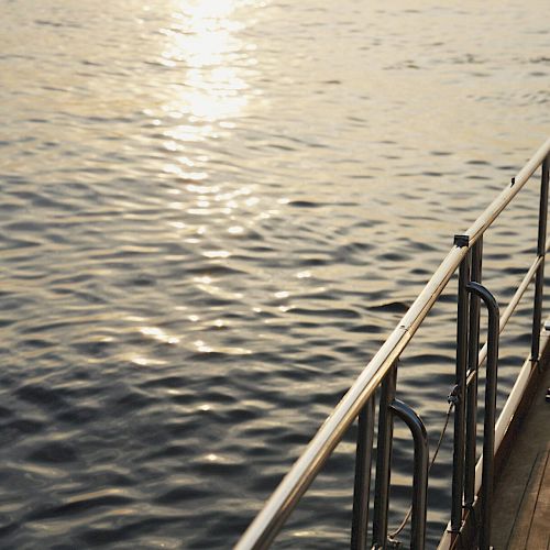 A wooden deck with metal railings overlooks a calm, sunlit body of water, creating a serene and peaceful scene.