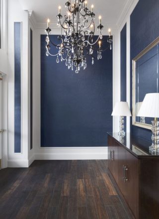 Elegant hallway with dark wood floors, navy walls, white trim, and a