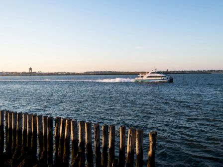 A boat speeding on water with a wooden breakwater in the foreground.