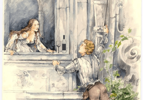 A woman leans from a balcony toward a man below who holds on to the ledge; a bottle and wine glasses are on the railing.