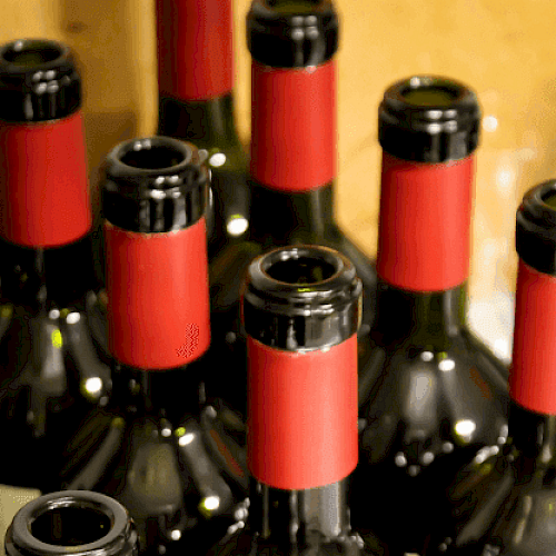 The image shows multiple empty wine bottles with red and black neck bands, placed closely together, likely in a storage area.