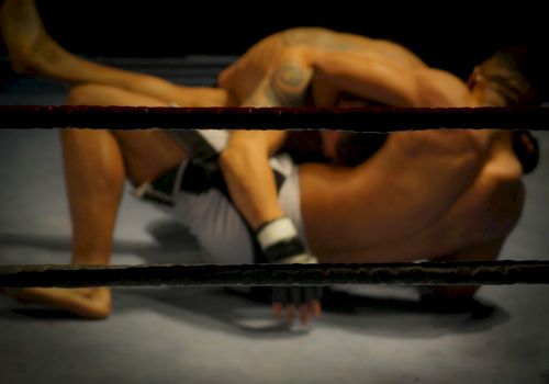 Two guys wresling in a ring