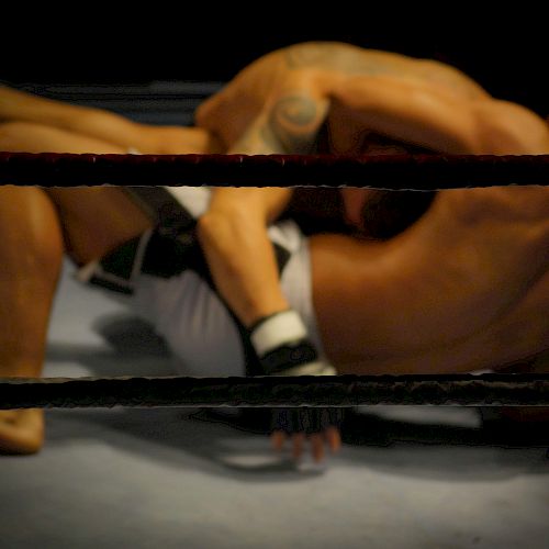 Two guys wresling in a ring