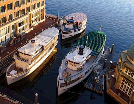 Three boats are docked by a waterfront building. The boats are aligned parallel to each other. The scene takes place at sunset.