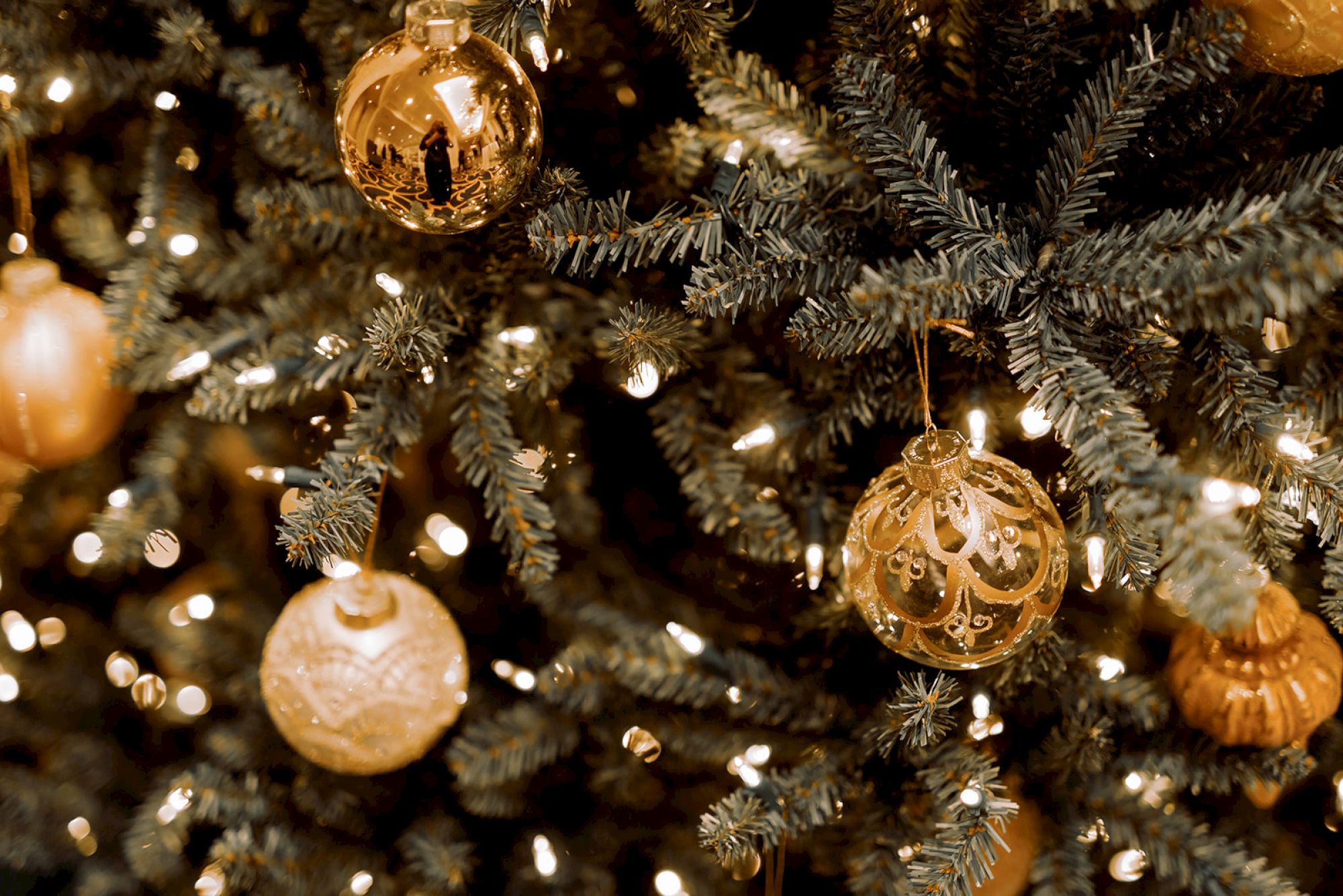 A festive Christmas tree decorated with gold ornaments and sparkling lights creates a warm, holiday ambiance.