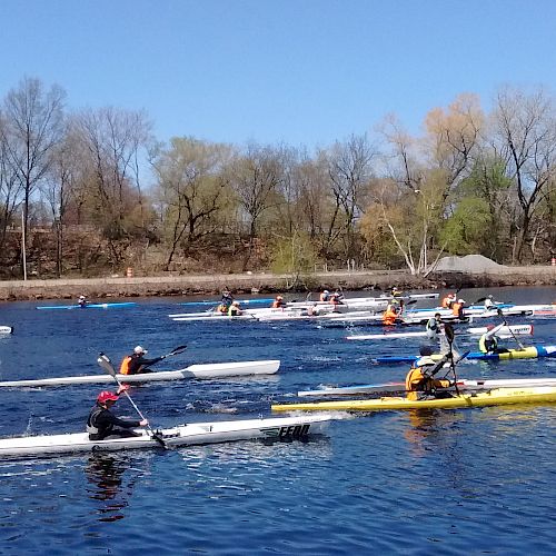 People are kayaking and canoeing in a river, surrounded by trees on a clear day.