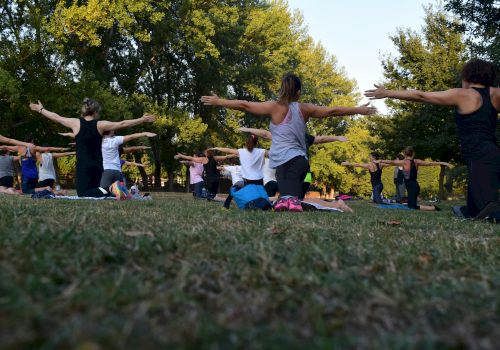 A group of people practicing yoga outdoors, standing on mats with arms outstretched, surrounded by trees and grass.