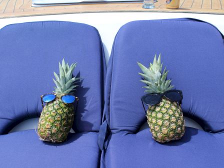 Two pineapples with sunglasses are placed on blue reclining chairs, giving the impression that they are relaxing in the sun.