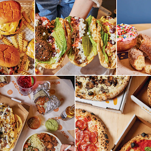 The image showcases burgers and fries, tacos, churros with a coffee, and different types of pizzas.