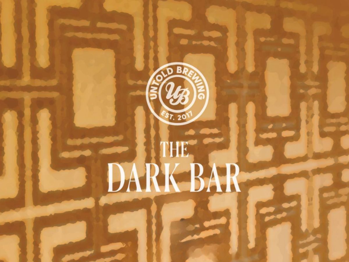 The image features the logo of Untold Brewing, est. 2017, with the text "THE DARK BAR" on top of a patterned background.