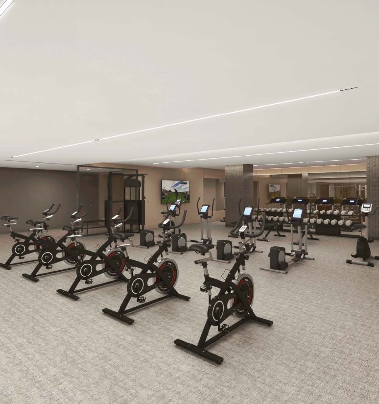 The image features an indoor gym with stationary bikes, weight benches, and exercise equipment, along with people engaging in different activities.