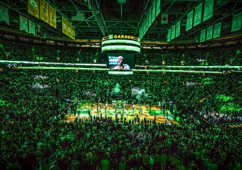 A lively TD Garden filled with spectators for a Celtics game