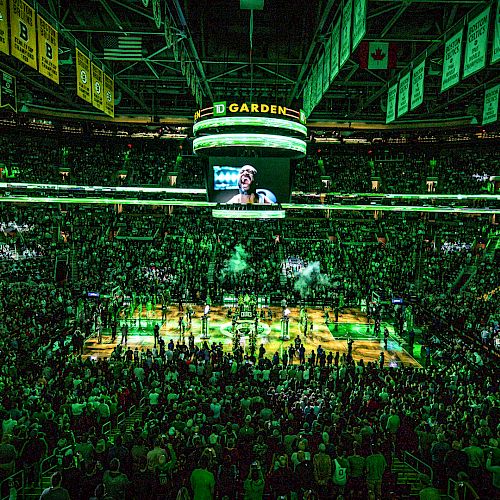 A lively TD Garden filled with spectators for a Celtics game