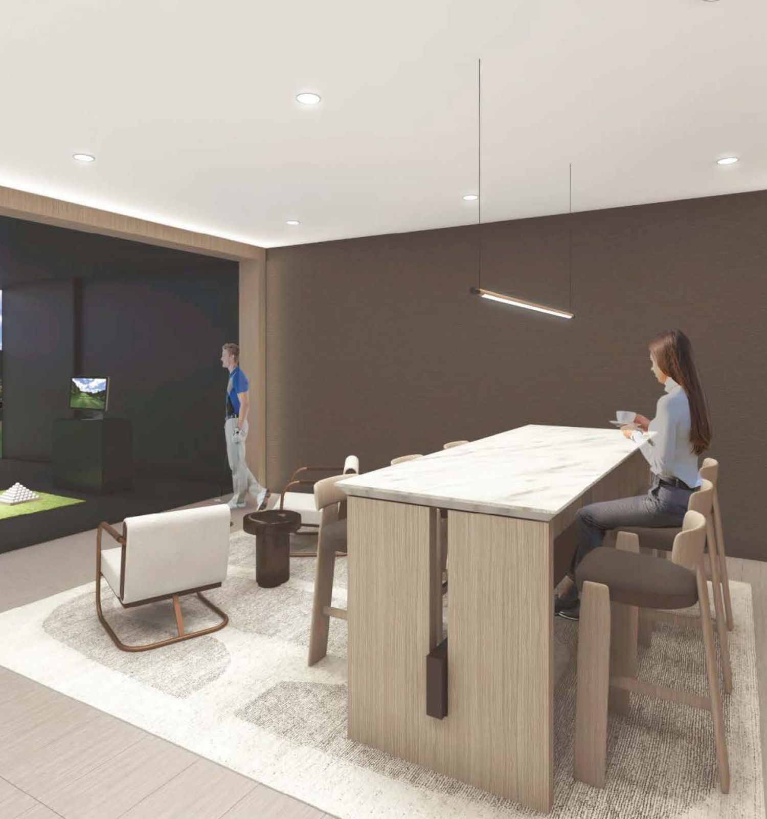 A modern indoor golf simulation room with people playing and watching, featuring a golf simulator screen, seating area, and a kitchen counter.