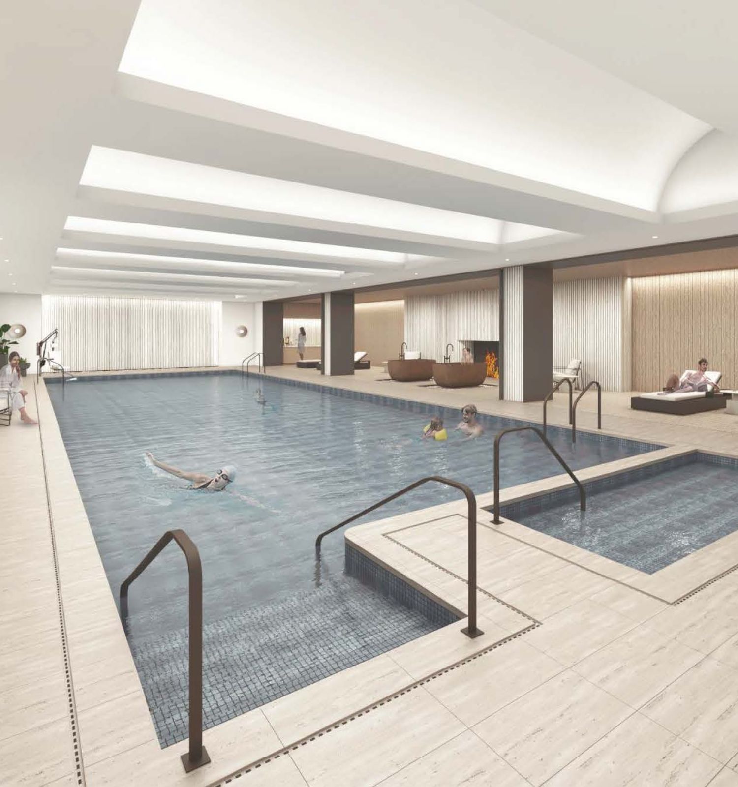 An indoor pool area with lounge chairs, a large swimming pool, a smaller hot tub, minimalistic decor, and soft lighting creating a relaxing atmosphere.