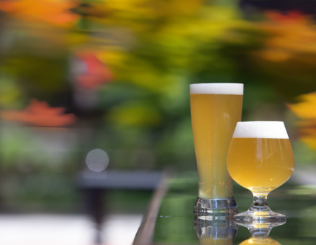 Two glasses of beer on a reflective surface with a blurred, colorful background.