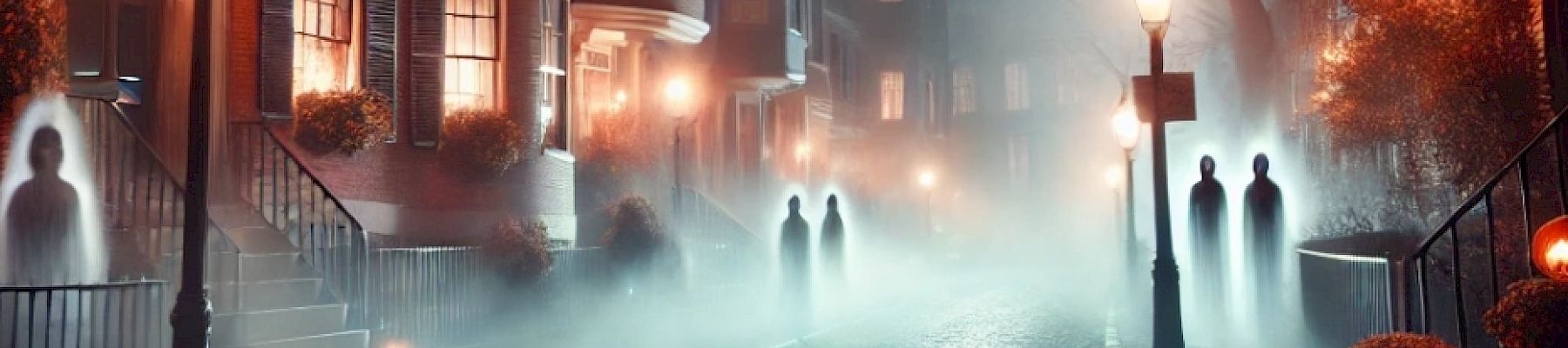 A foggy, cobblestone street is illuminated by street lamps, with shadowy figures, spooky trees, and jack-o'-lanterns adorning the scene.