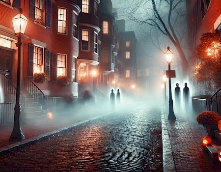 A foggy, cobblestone street is illuminated by street lamps, with shadowy figures, spooky trees, and jack-o'-lanterns adorning the scene.