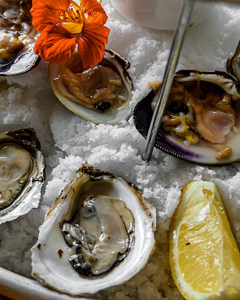 A platter of oysters and clams on ice, garnished with a lemon wedge and an orange flower, served with a metallic utensil.