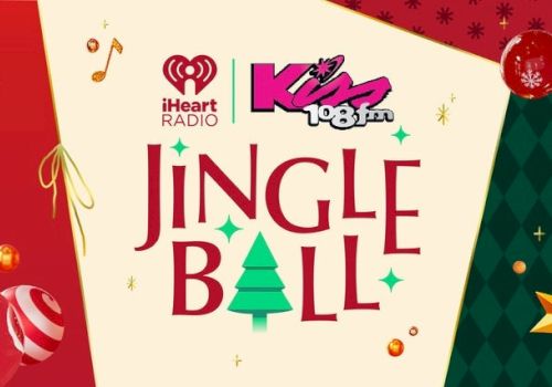 The image features an advertisement for the iHeartRadio Kiss 108 Jingle Ball event with festive decorations and musical notes.