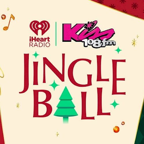 The image features an advertisement for the iHeartRadio Kiss 108 Jingle Ball event with festive decorations and musical notes.