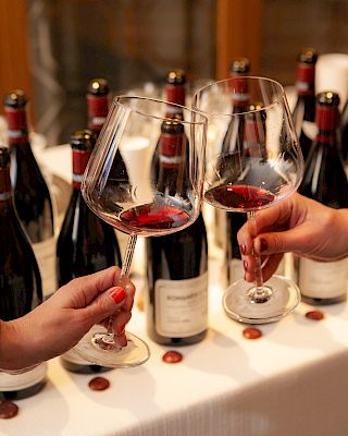 Two people clinking wine glasses in front of several wine bottles on a table, creating a celebratory atmosphere.