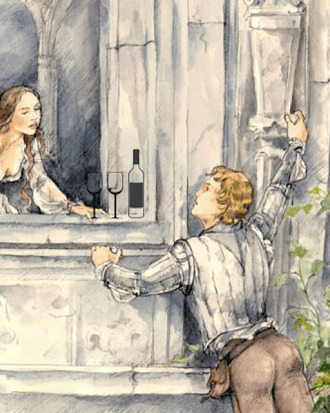 A romantic scene with a woman at a balcony and a man below reaching up, next to two wine glasses and a bottle.