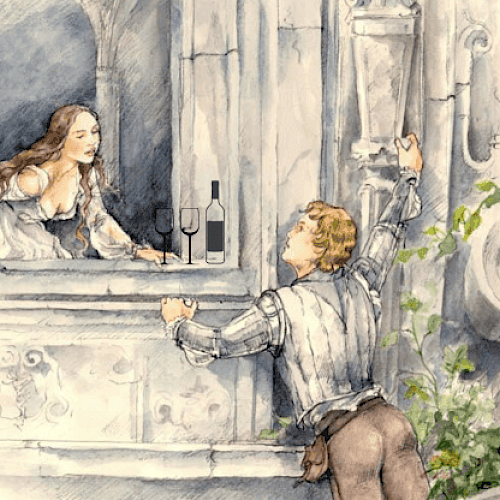 A romantic scene with a woman at a balcony and a man below reaching up, next to two wine glasses and a bottle.