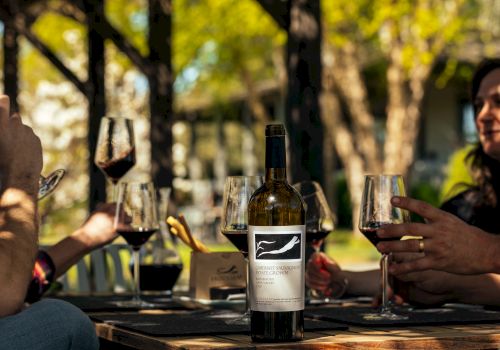 A group of people enjoying wine outdoors around a table, with a bottle of wine prominently displayed in the center.