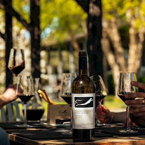 A group of people enjoying wine outdoors around a table, with a bottle of wine prominently displayed in the center.