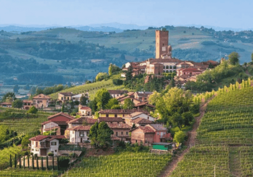 A picturesque hillside village surrounded by vineyards, featuring a historic tower and lush greenery under a clear sky.