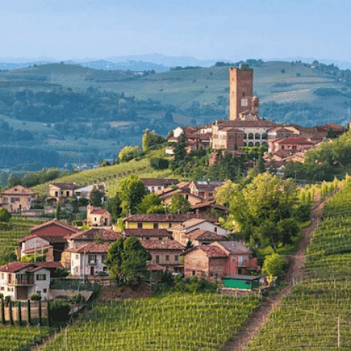 A picturesque hillside village surrounded by vineyards, featuring a historic tower and lush greenery under a clear sky.