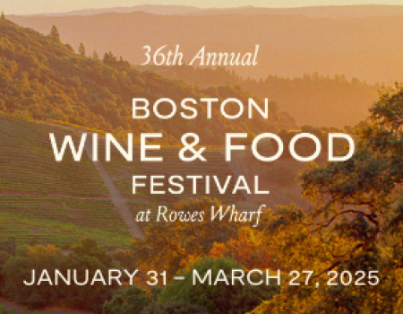 The image promotes the 36th Annual Boston Wine & Food Festival at Rowes Wharf, happening January 31 to March 27, 2025.