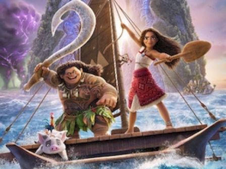 A movie poster for "Moana 2" featuring characters on a boat in the ocean, with the release date "Only in theaters November 27."